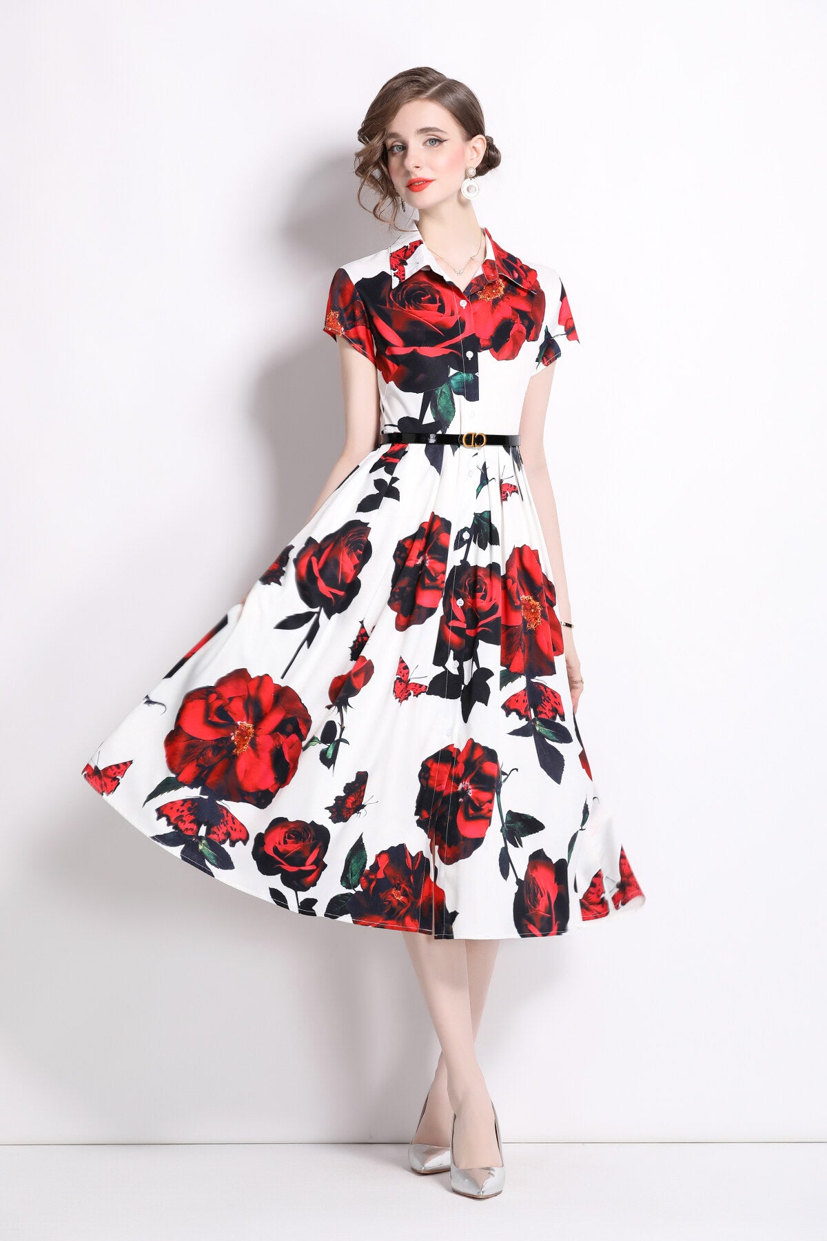 romantic rose lapel collar shirt dress all floral 3