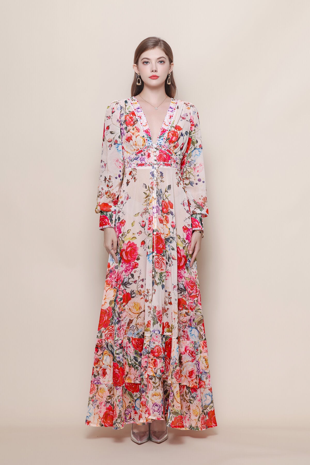 Rose Bouquet Deep V-Neck Ruffle Maxi Dress
