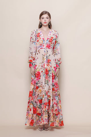 Rose Bouquet Deep V-Neck Ruffle Maxi Dress