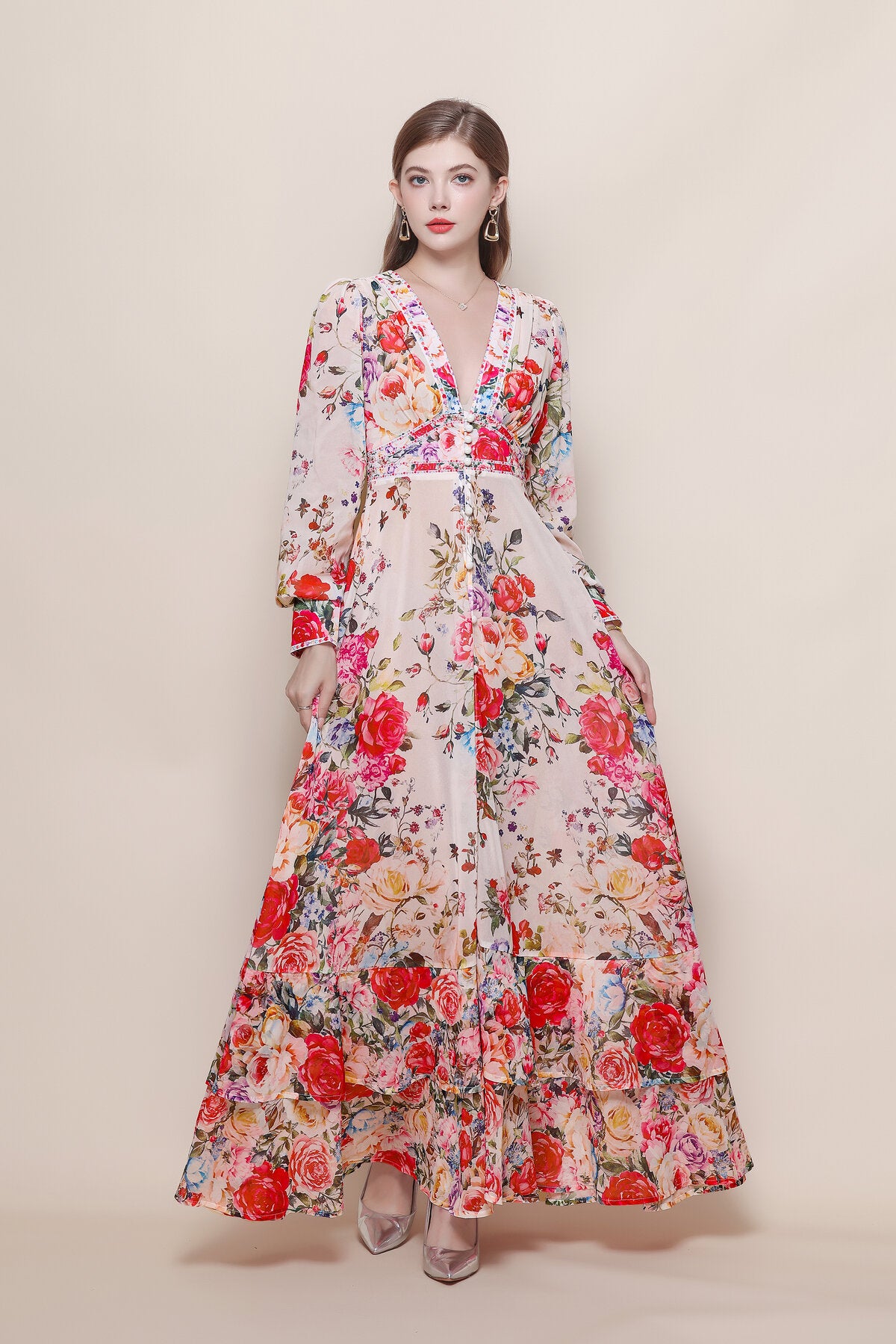 Rose Bouquet Deep V-Neck Ruffle Maxi Dress