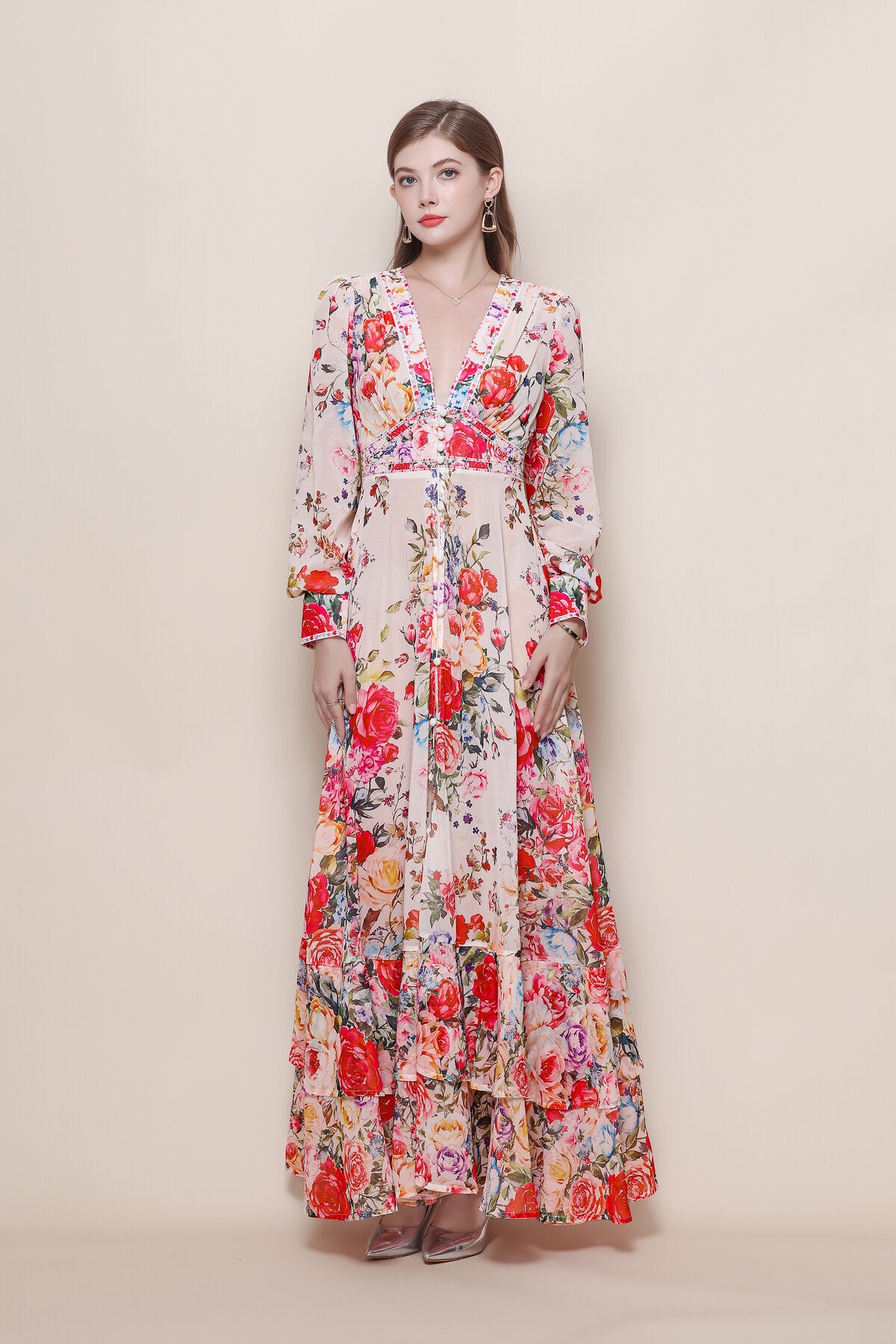 Rose Bouquet Deep V-Neck Ruffle Maxi Dress