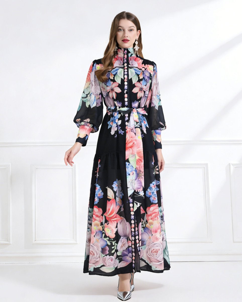 Royal Garden High Neck Floral Chiffon Maxi Dress
