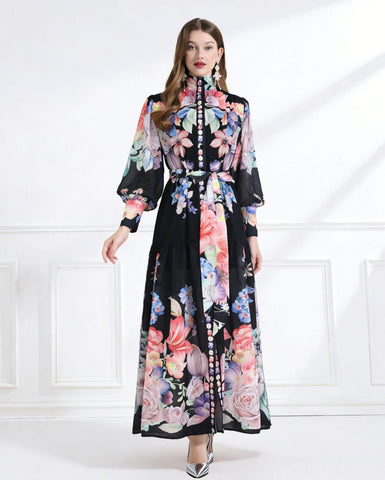 Royal Garden High Neck Floral Chiffon Maxi Dress