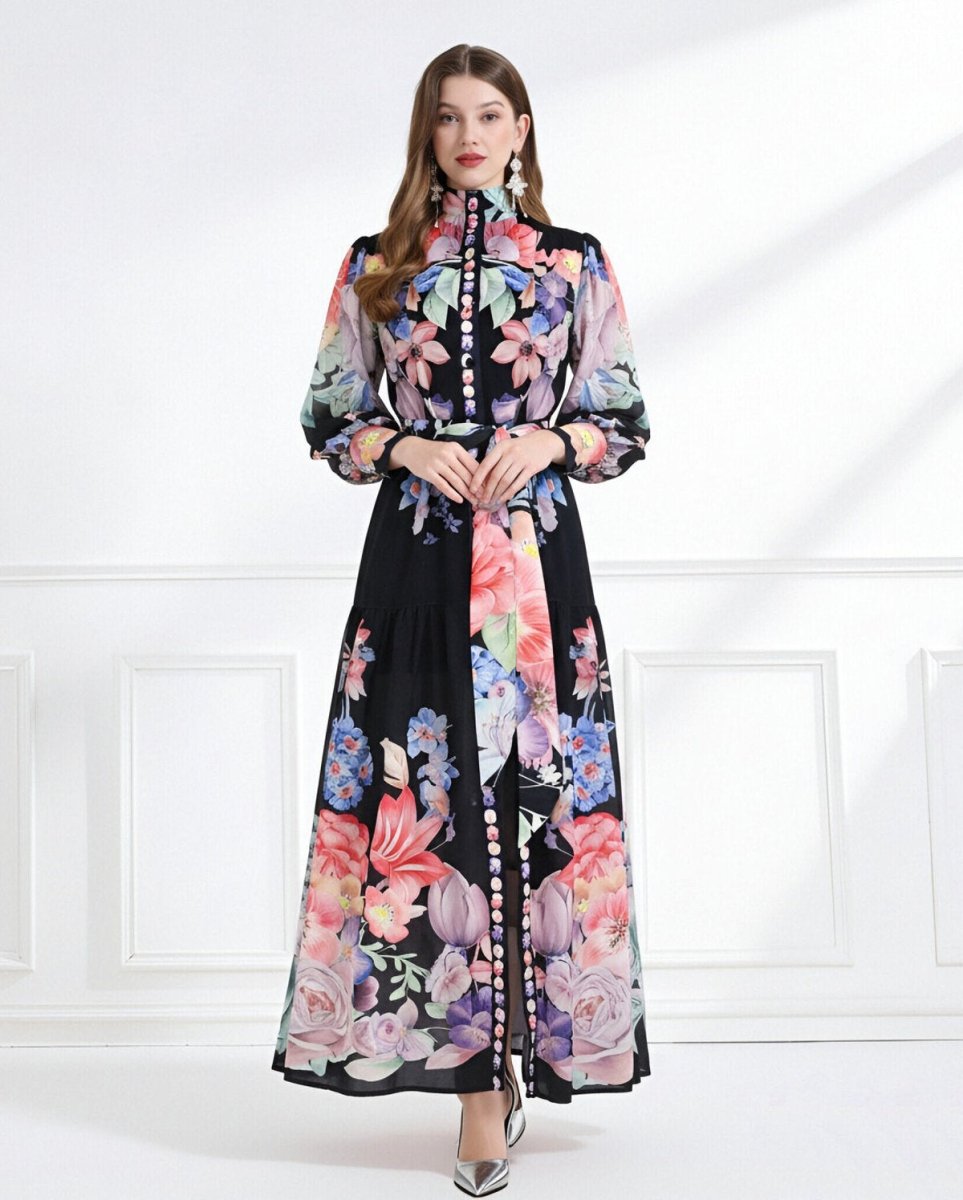 Royal Garden High Neck Floral Chiffon Maxi Dress