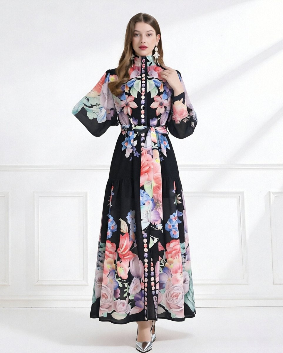 Royal Garden High Neck Floral Chiffon Maxi Dress