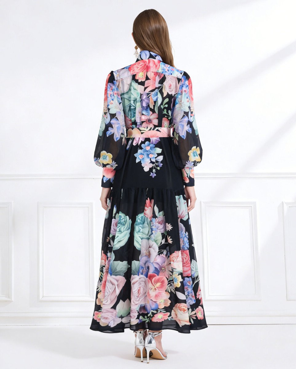 Royal Garden High Neck Floral Chiffon Maxi Dress