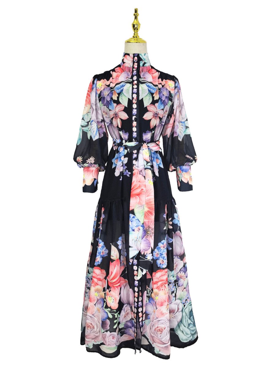 Royal Garden High Neck Floral Chiffon Maxi Dress