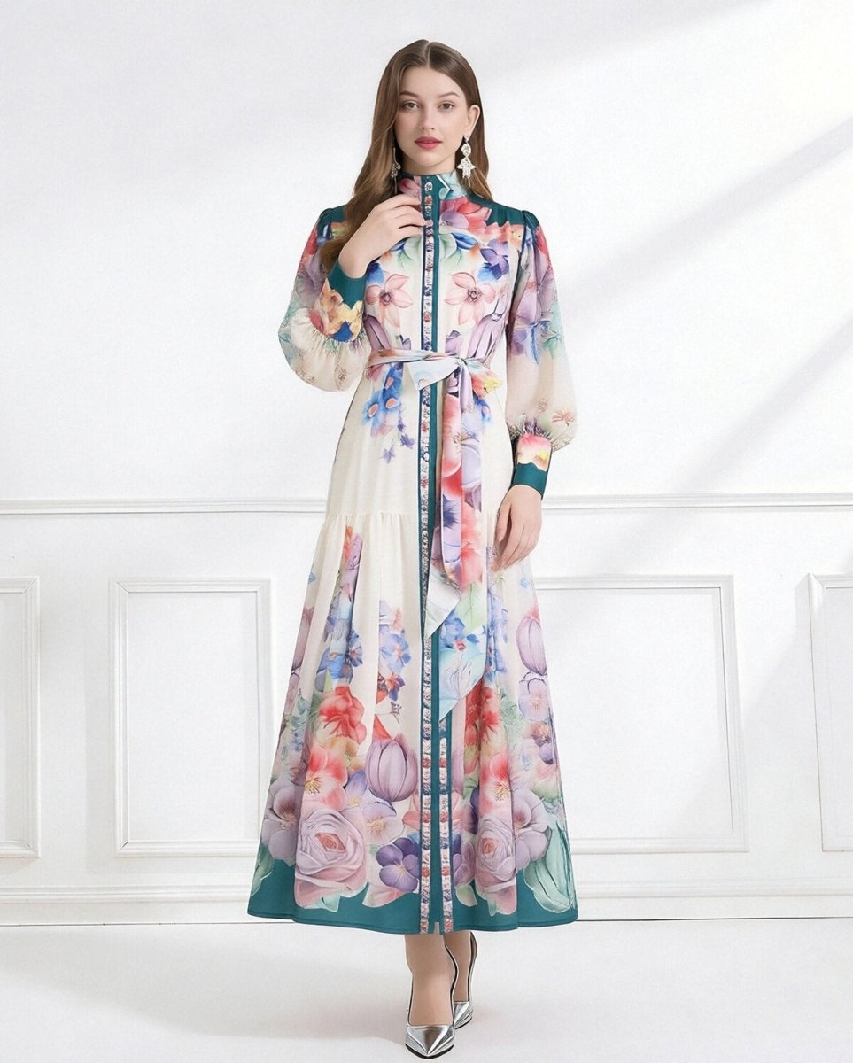Royal Garden High Neck Floral Chiffon Maxi Dress