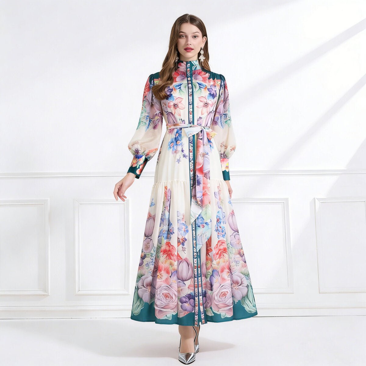 Royal Garden High Neck Floral Chiffon Maxi Dress
