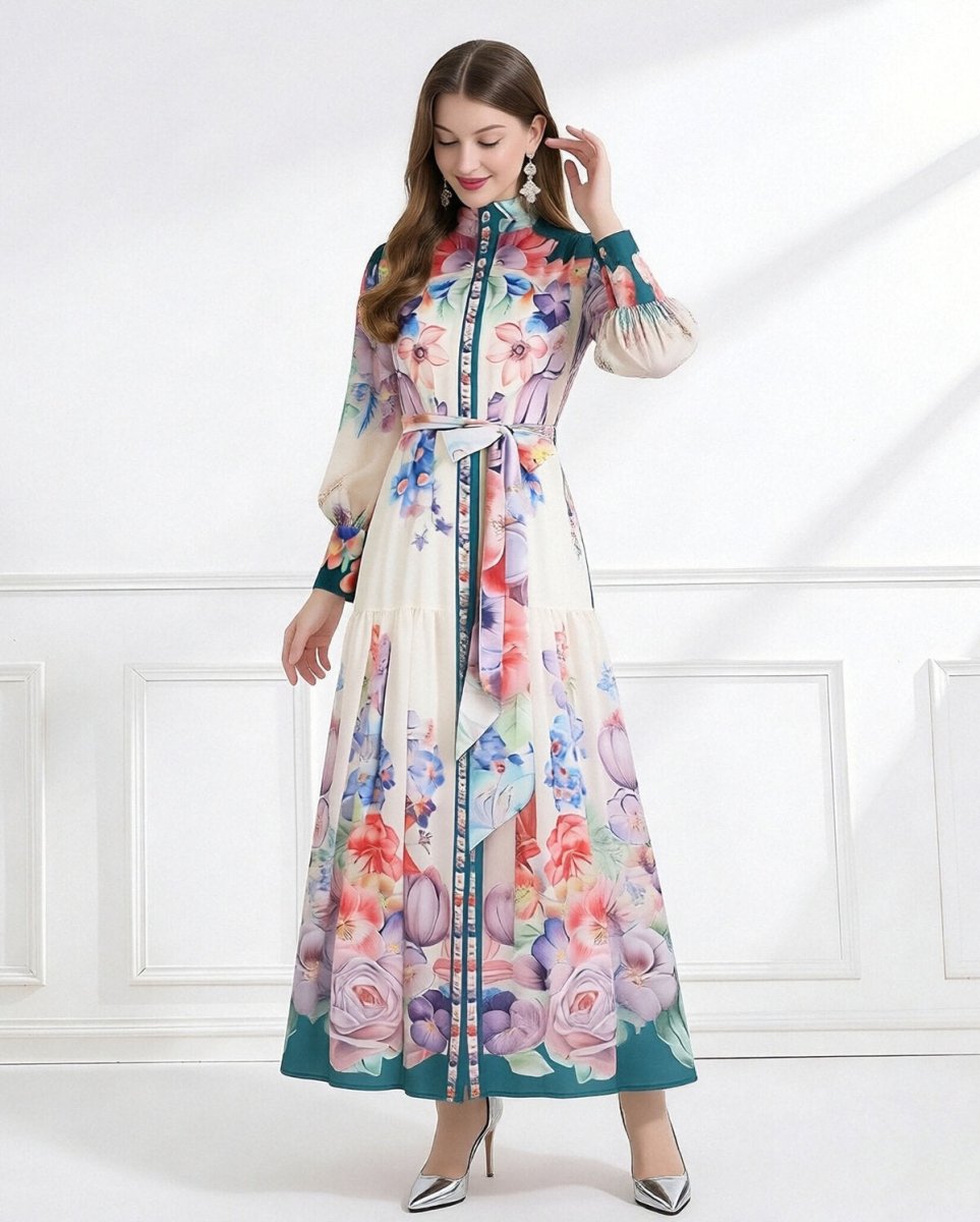 Royal Garden High Neck Floral Chiffon Maxi Dress