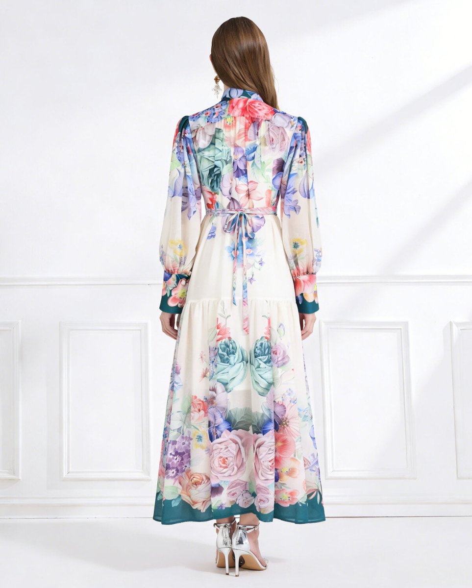 Royal Garden High Neck Floral Chiffon Maxi Dress