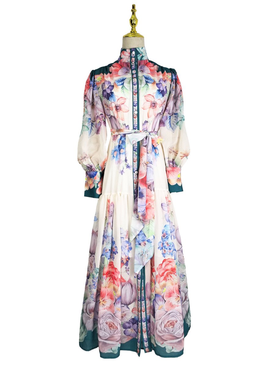 Royal Garden High Neck Floral Chiffon Maxi Dress