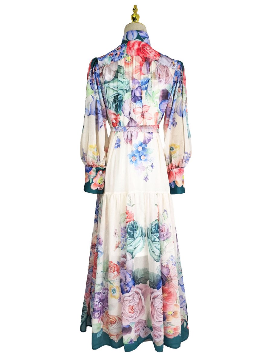 Royal Garden High Neck Floral Chiffon Maxi Dress