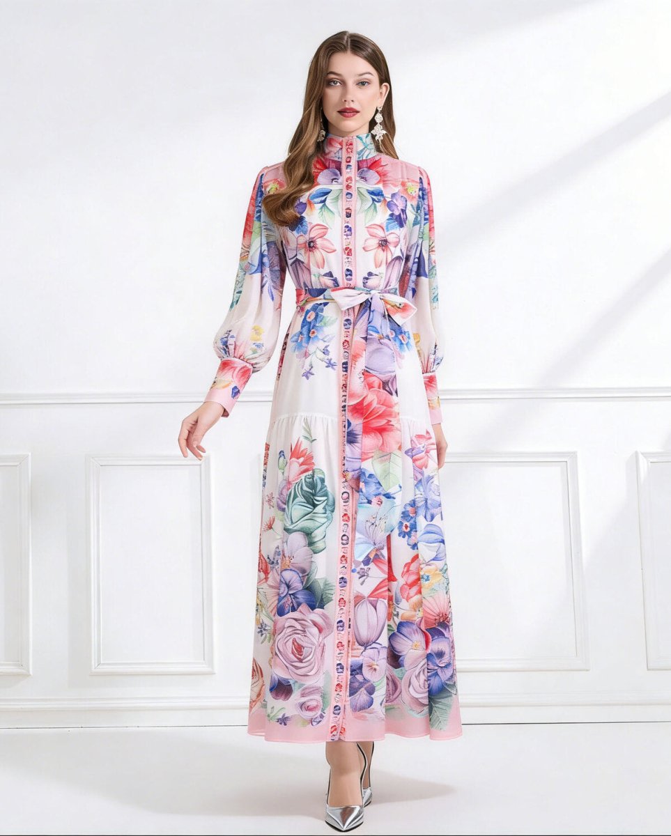 Royal Garden High Neck Floral Chiffon Maxi Dress