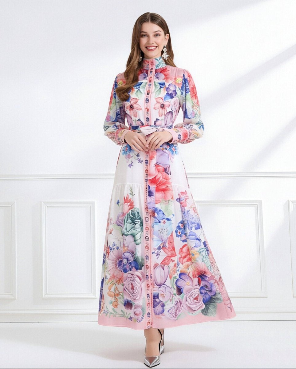 Royal Garden High Neck Floral Chiffon Maxi Dress