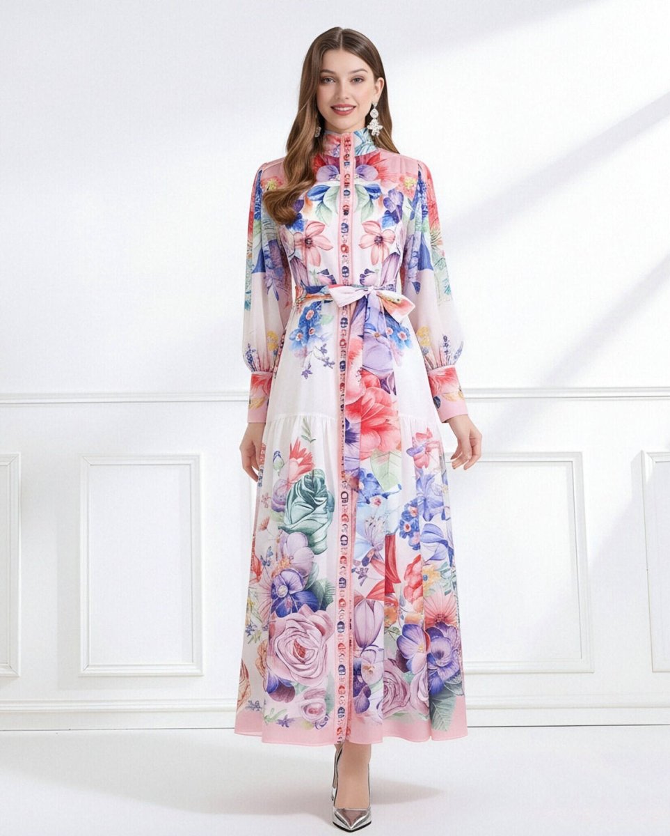 Royal Garden High Neck Floral Chiffon Maxi Dress