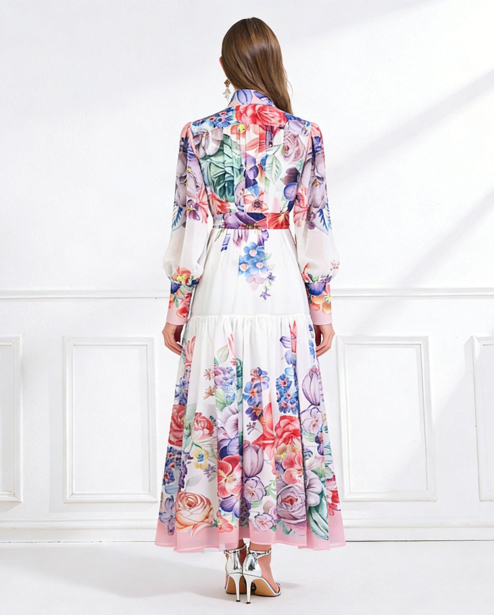 Royal Garden High Neck Floral Chiffon Maxi Dress