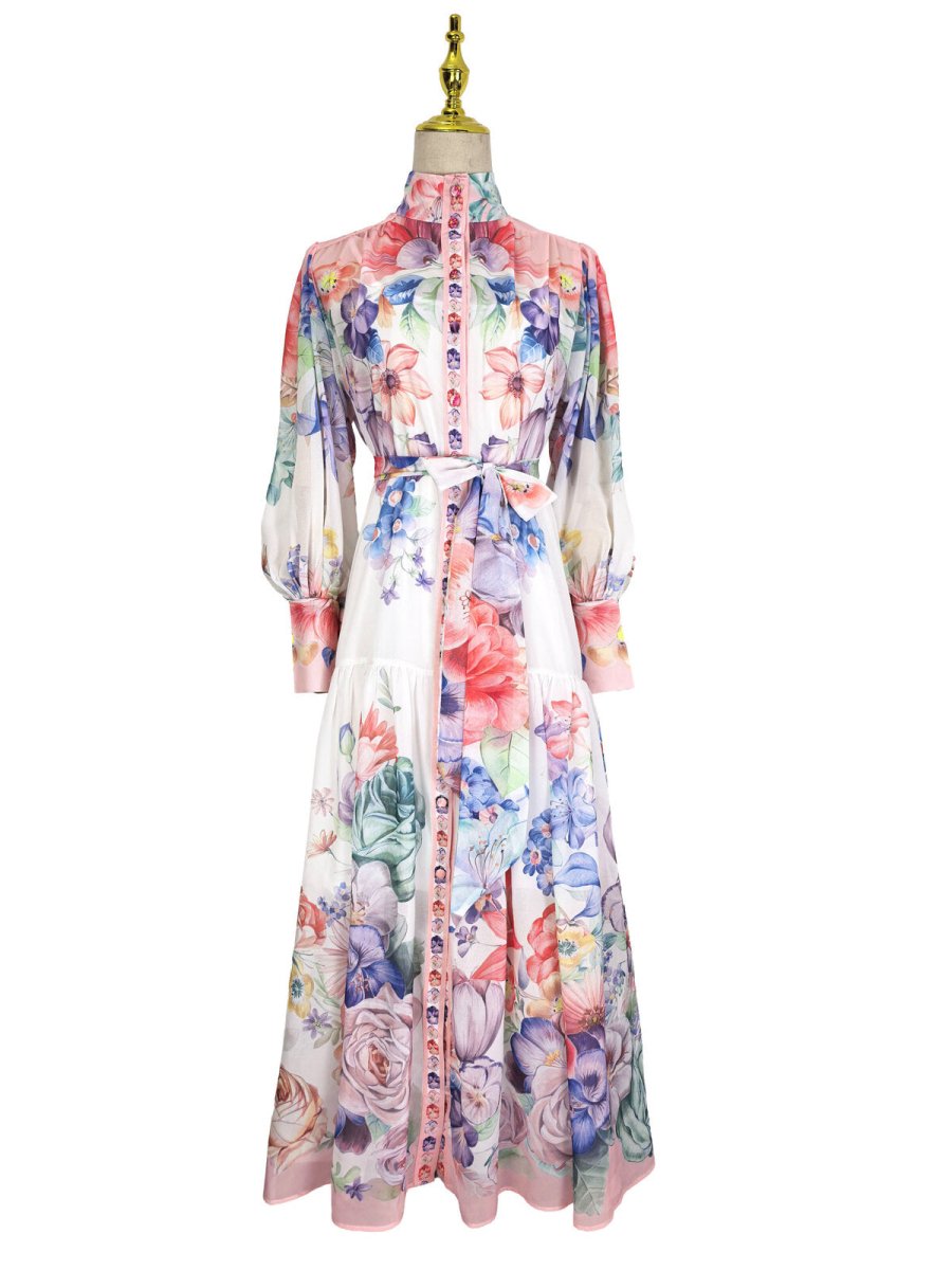Royal Garden High Neck Floral Chiffon Maxi Dress