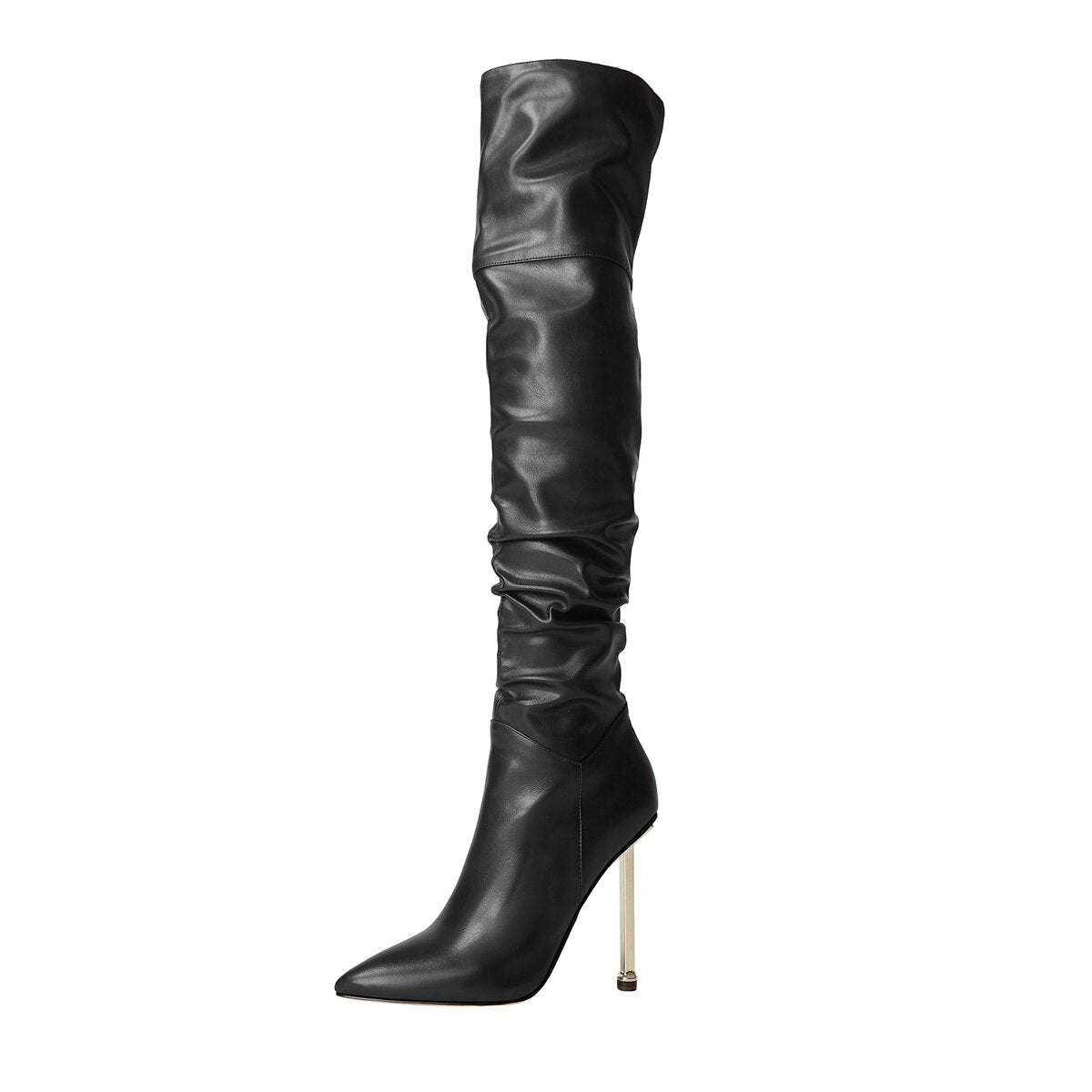 Ruched Pointed Toe Knee High Boots with Metallic Stiletto Heel