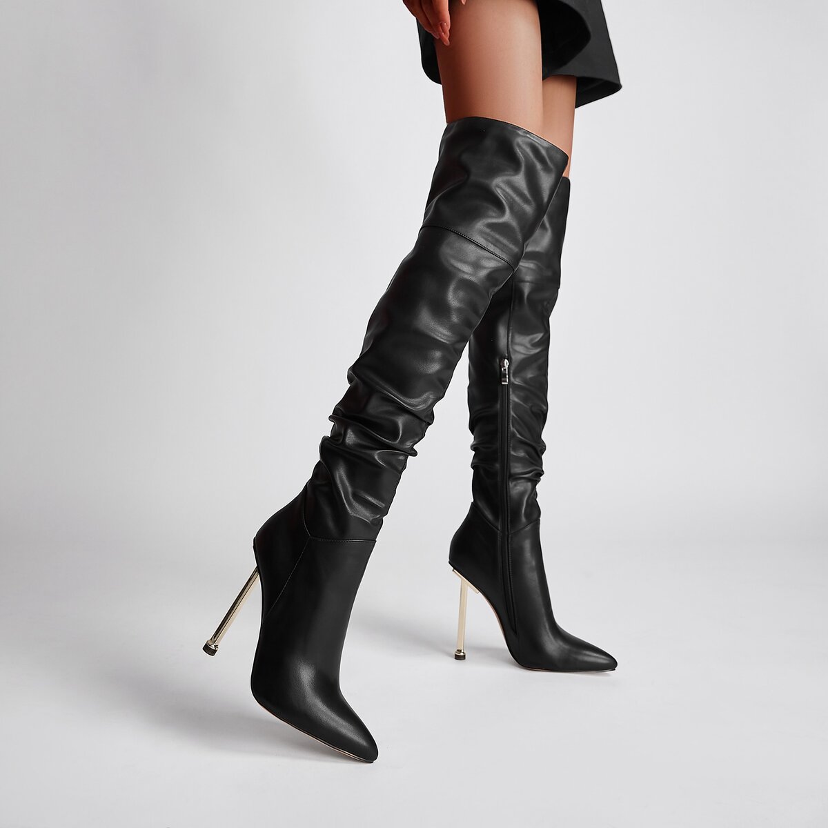 Ruched Pointed Toe Knee High Boots with Metallic Stiletto Heel