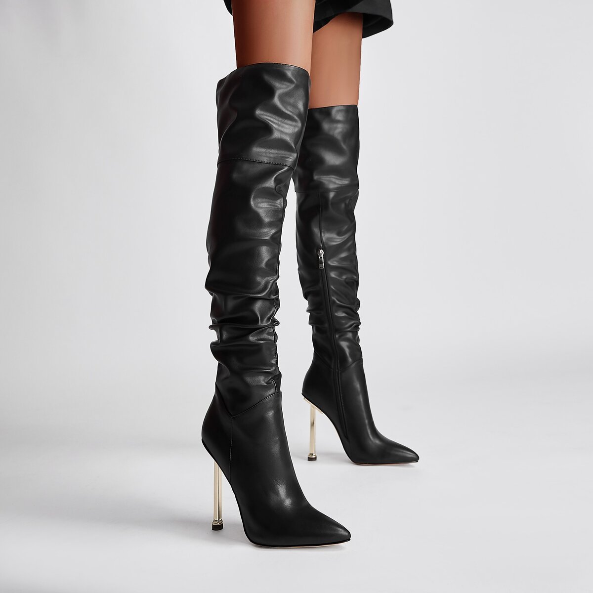 Ruched Pointed Toe Knee High Boots with Metallic Stiletto Heel