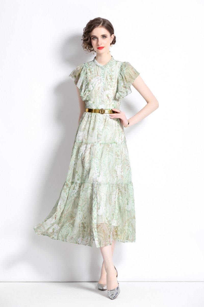 Ruffled Short Sleeve Belted Mint Green Midi Dress - 0cm