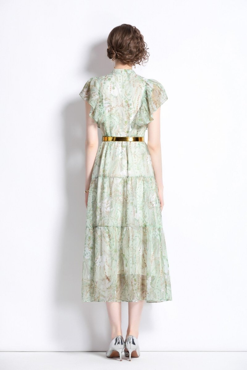 Ruffled Short Sleeve Belted Mint Green Midi Dress - 0cm