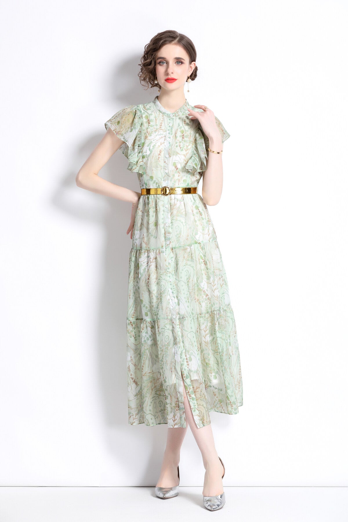 ruffled short sleeve belted mint green midi dress all mint 3