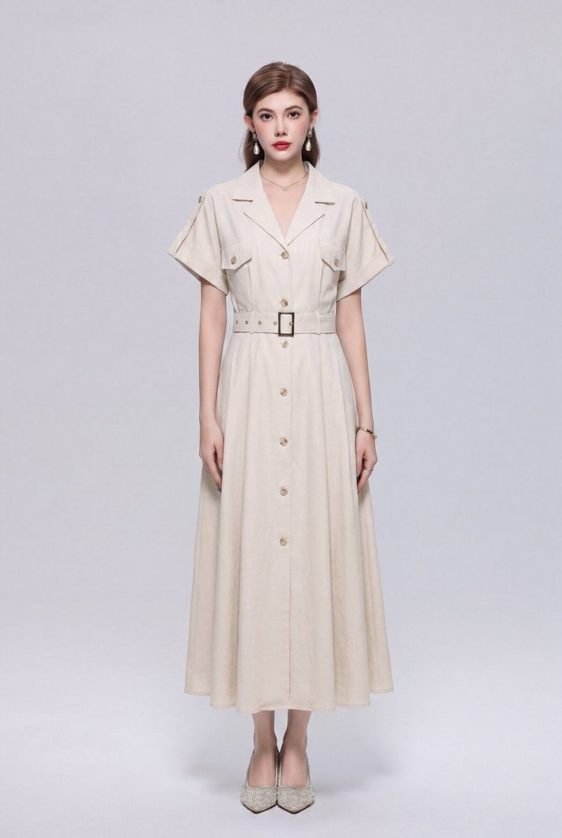 Safari-Inspired Notched-Lapel Belted Midi Shirt Dress