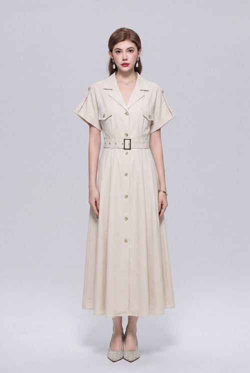 Safari-Inspired Notched-Lapel Belted Midi Shirt Dress
