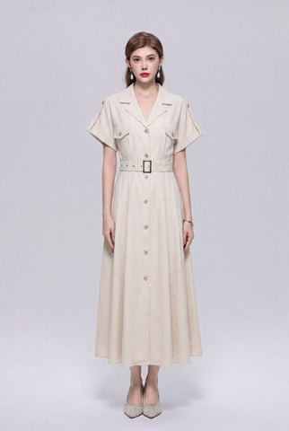 Safari-Inspired Notched-Lapel Belted Midi Shirt Dress
