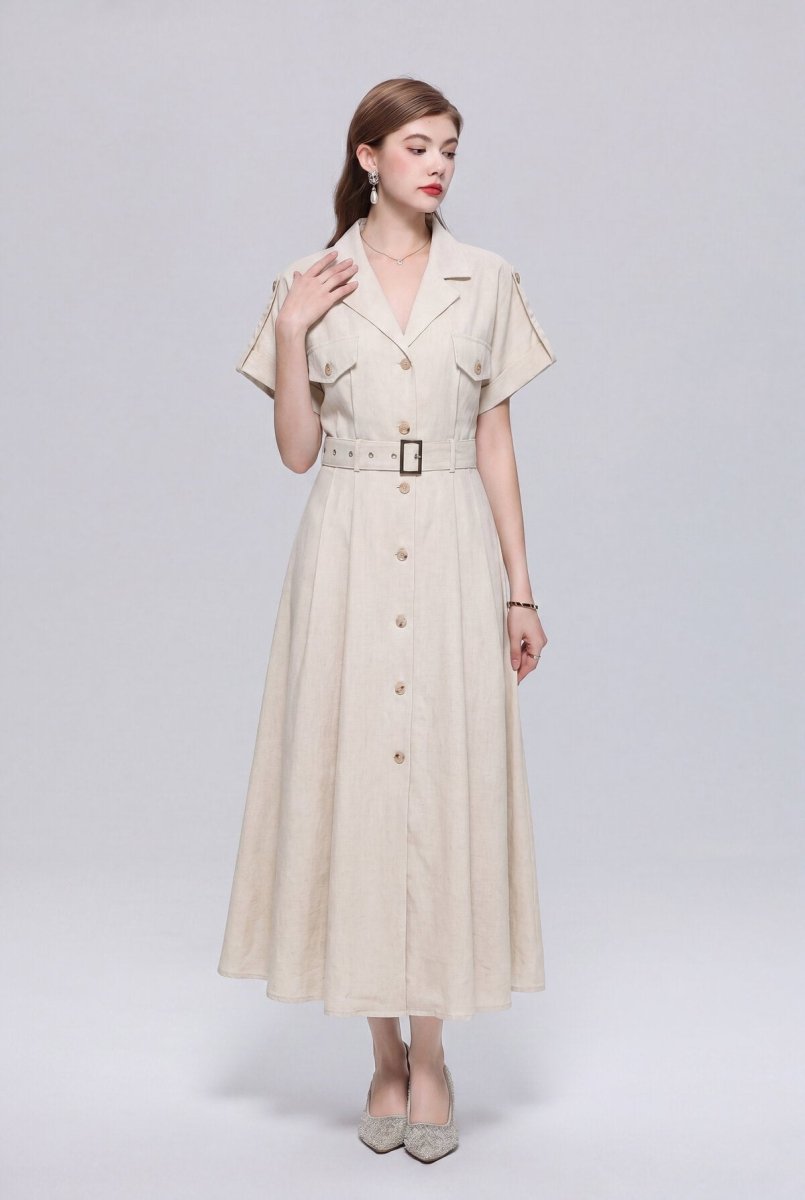 Safari-Inspired Notched-Lapel Belted Midi Shirt Dress