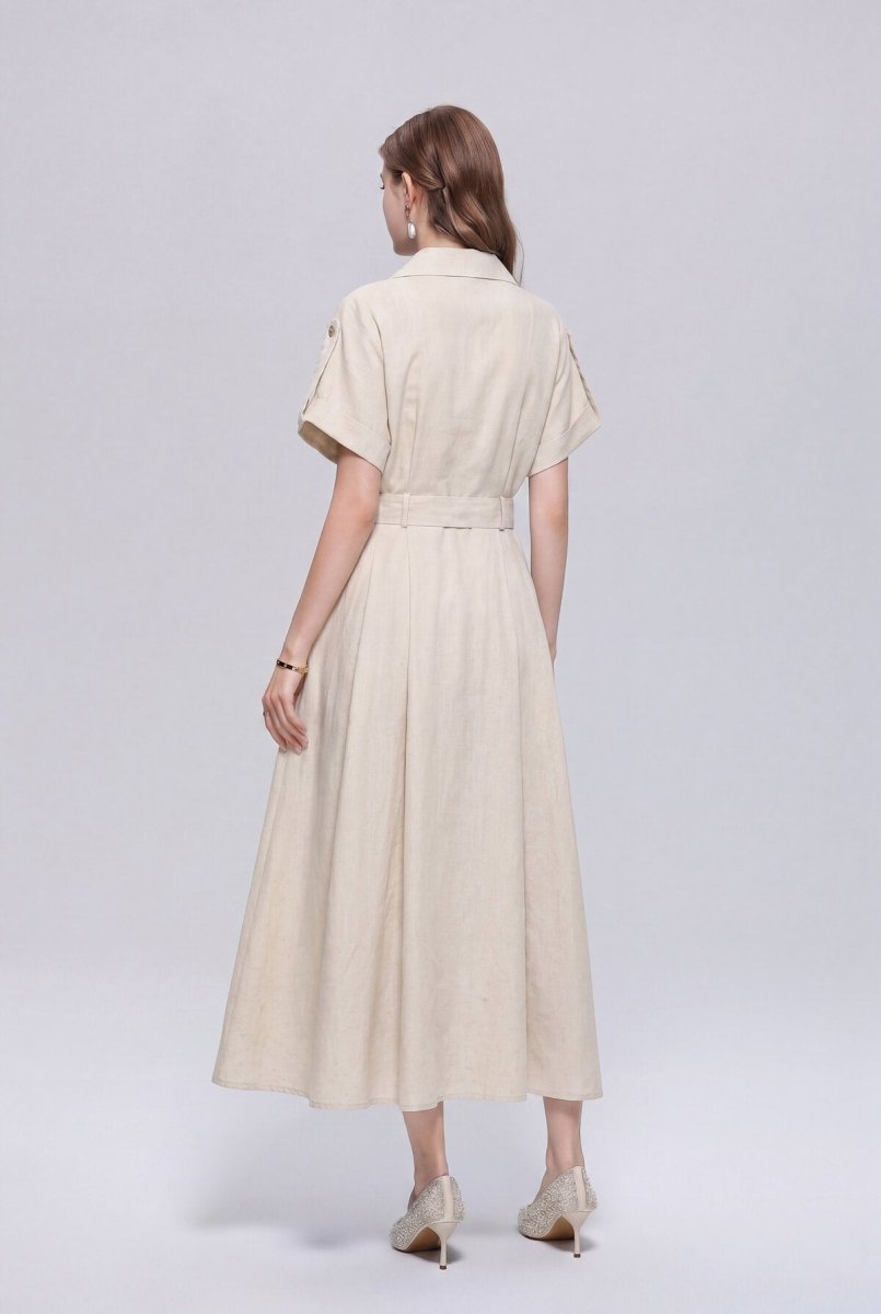 Safari-Inspired Notched-Lapel Belted Midi Shirt Dress