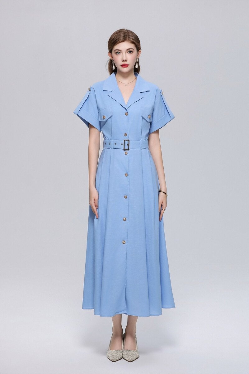 Safari-Inspired Notched-Lapel Belted Midi Shirt Dress