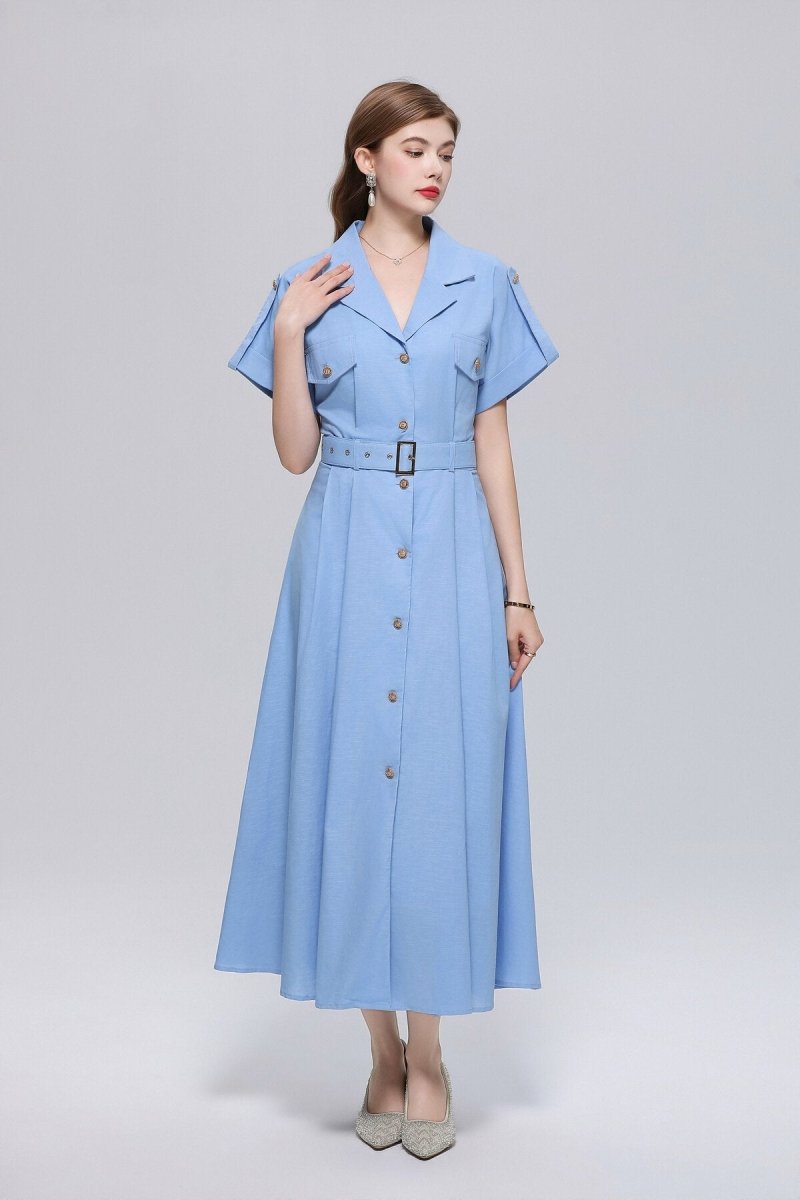 Safari-Inspired Notched-Lapel Belted Midi Shirt Dress