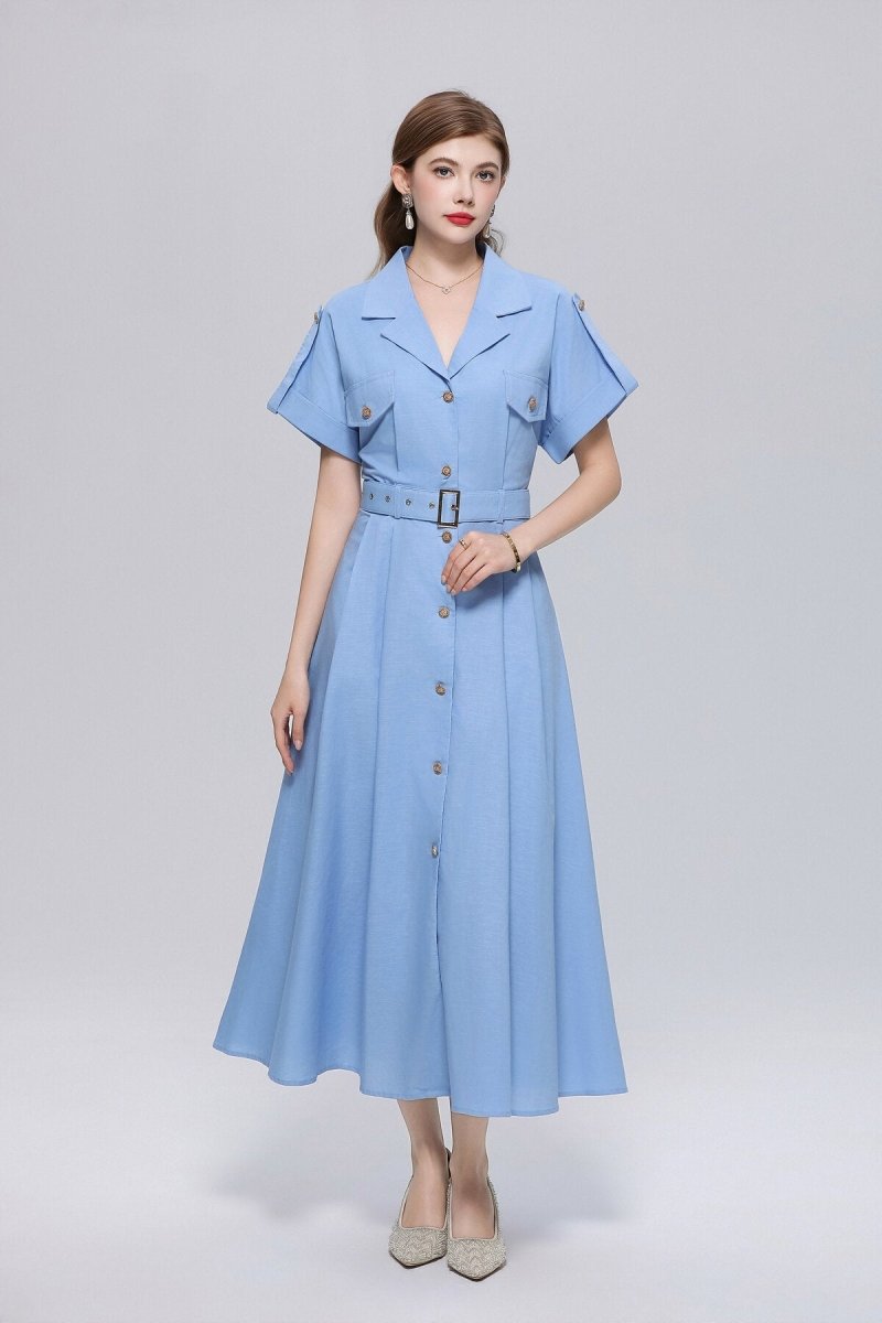 Safari-Inspired Notched-Lapel Belted Midi Shirt Dress