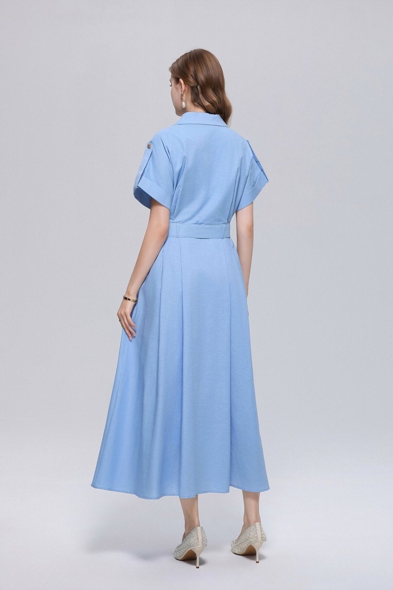 Safari-Inspired Notched-Lapel Belted Midi Shirt Dress