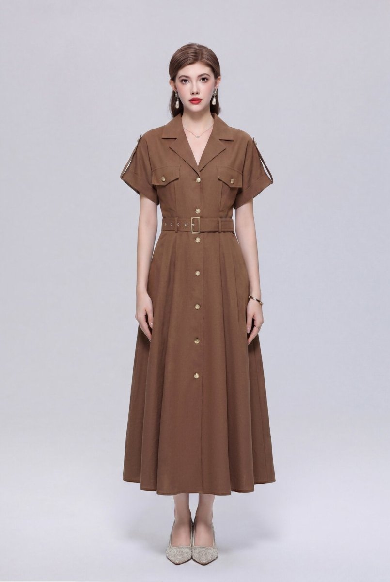 Safari-Inspired Notched-Lapel Belted Midi Shirt Dress