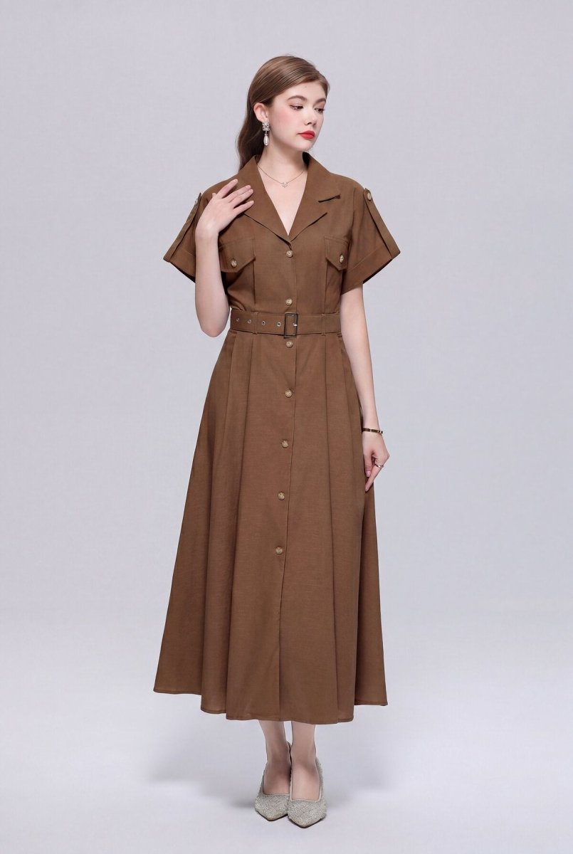 Safari-Inspired Notched-Lapel Belted Midi Shirt Dress