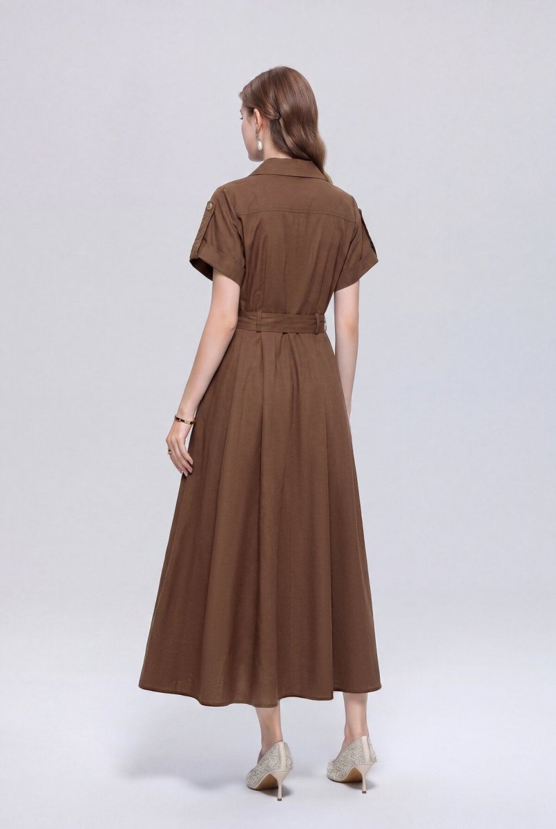Safari-Inspired Notched-Lapel Belted Midi Shirt Dress