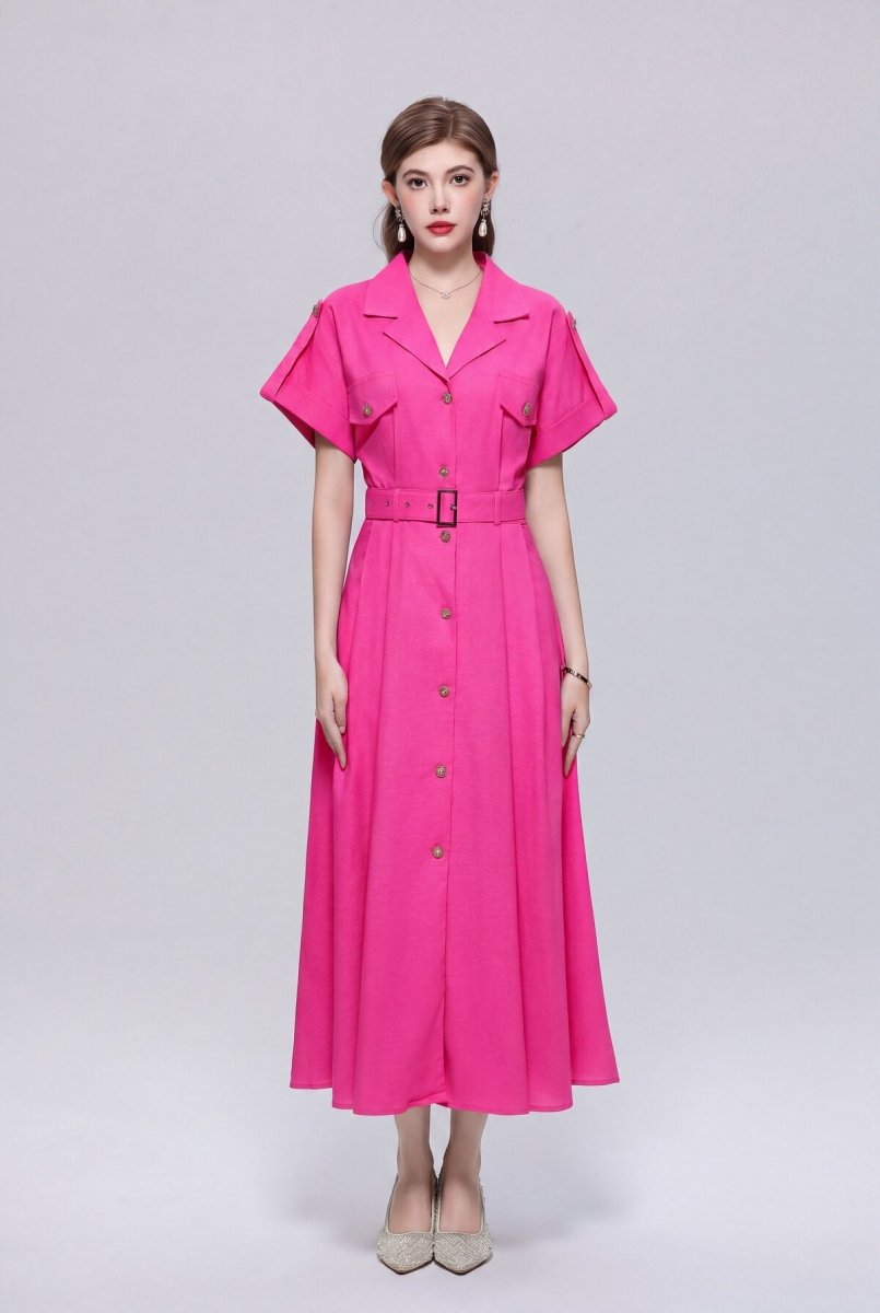 Safari-Inspired Notched-Lapel Belted Midi Shirt Dress