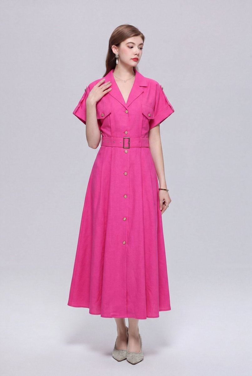 Safari-Inspired Notched-Lapel Belted Midi Shirt Dress