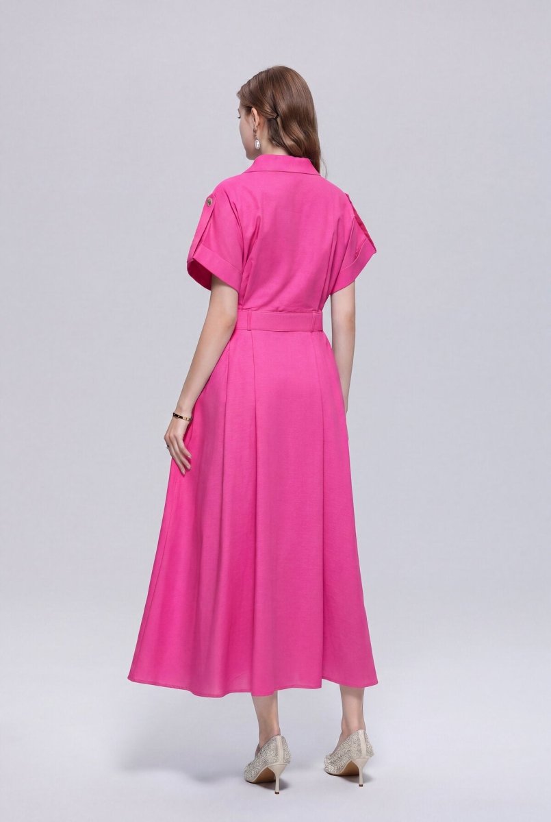Safari-Inspired Notched-Lapel Belted Midi Shirt Dress