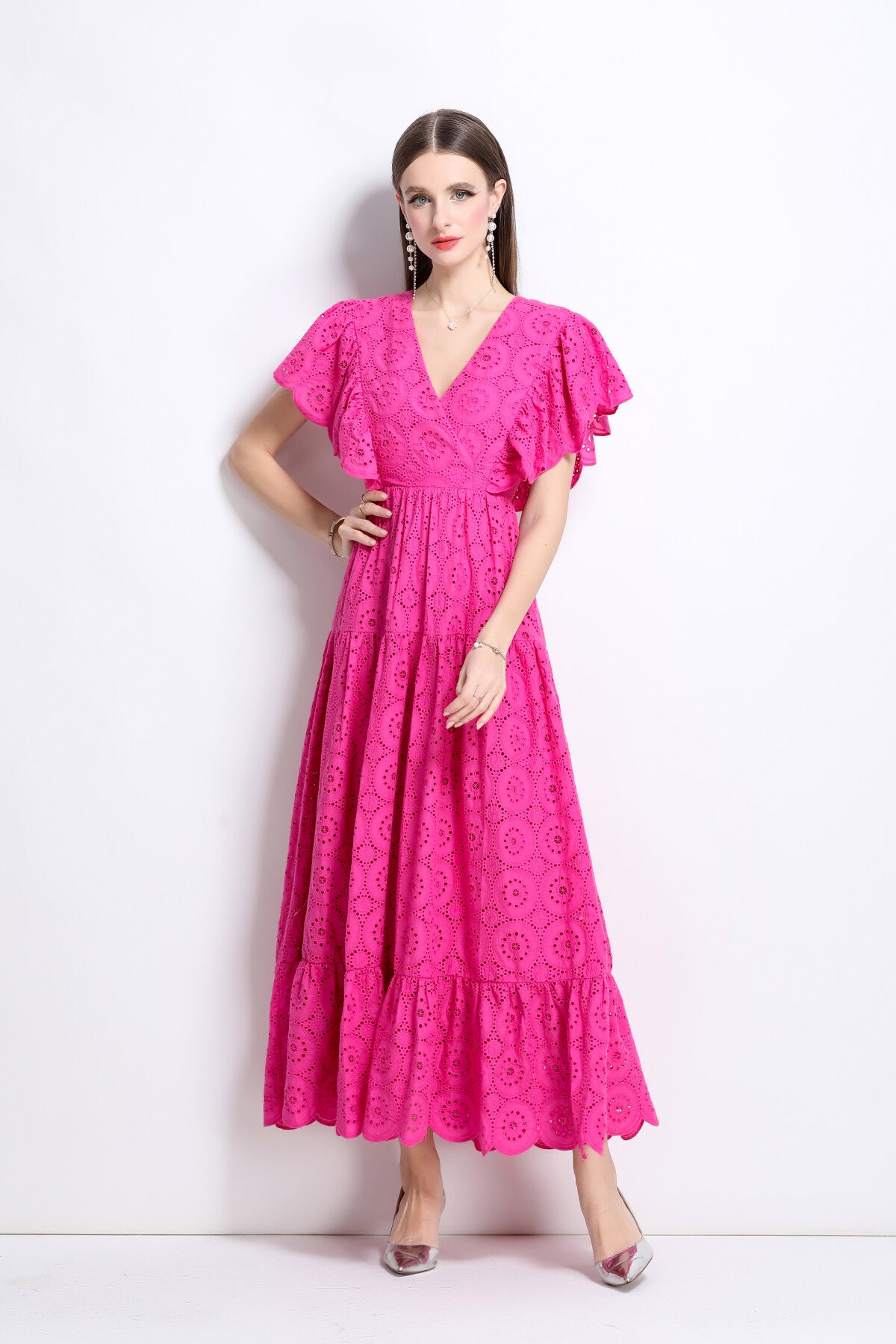 samantha lace cut out ruffle sleeve maxi dress all rose 1