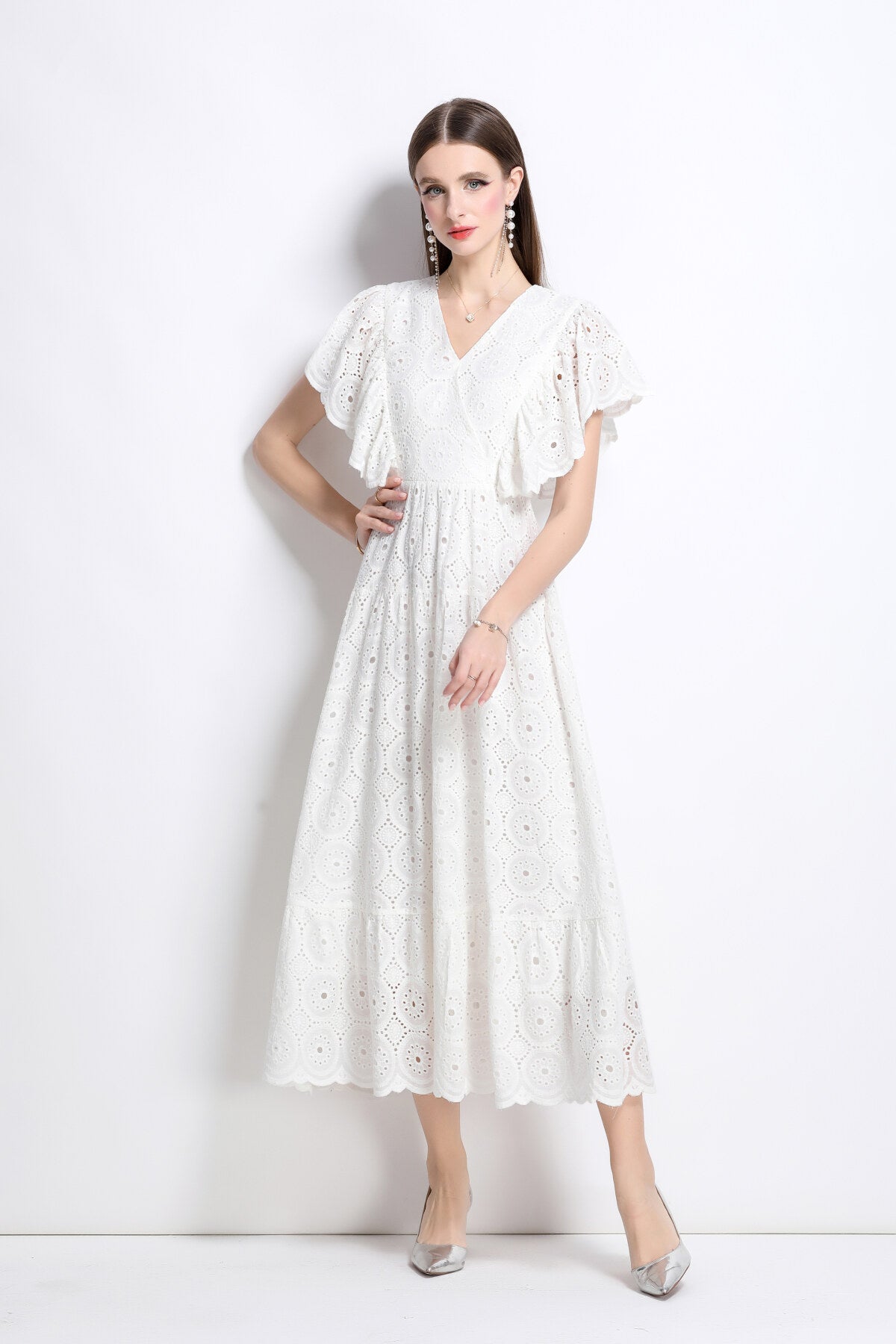 samantha lace cut out ruffle sleeve maxi dress all white 1