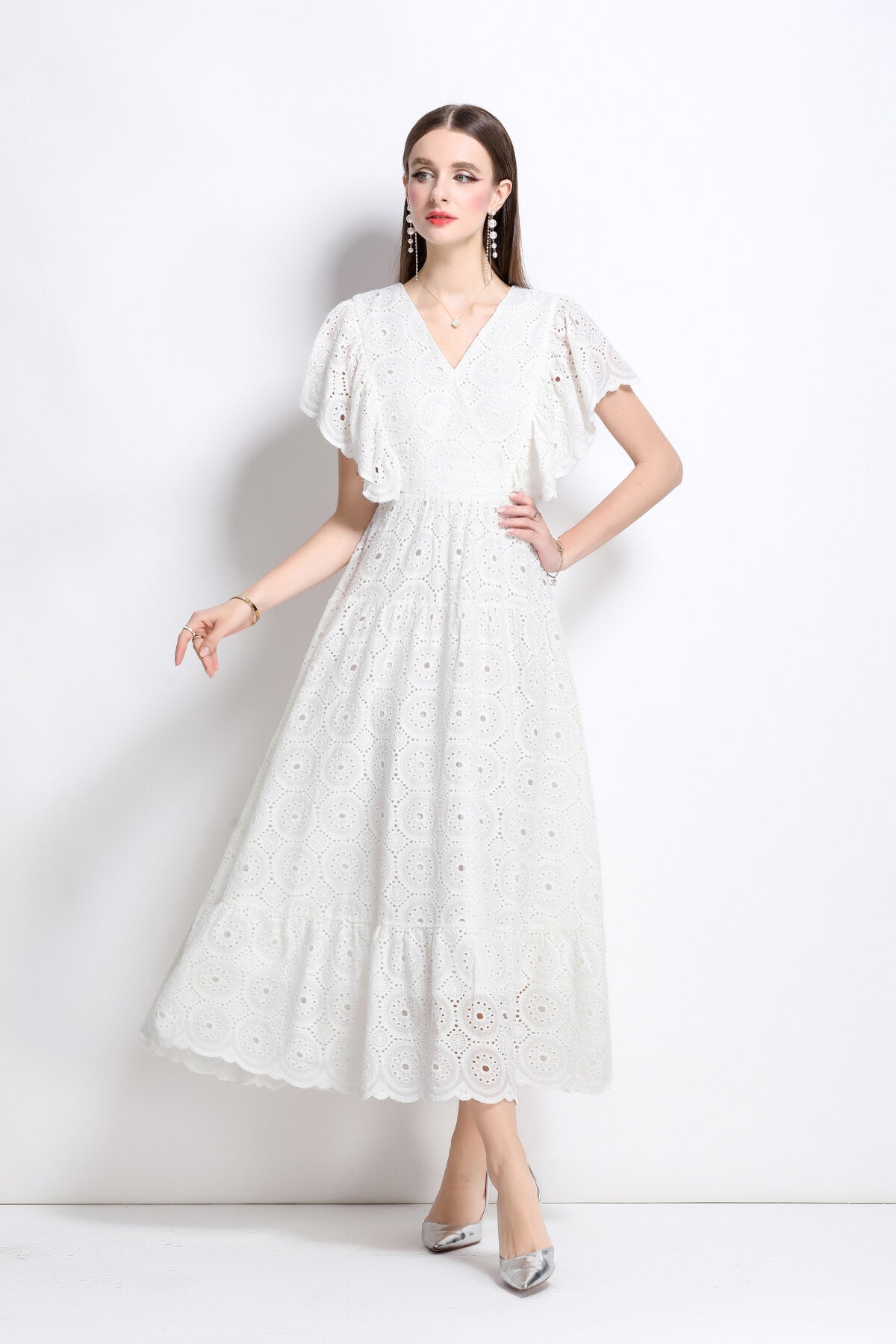 samantha lace cut out ruffle sleeve maxi dress all white 2