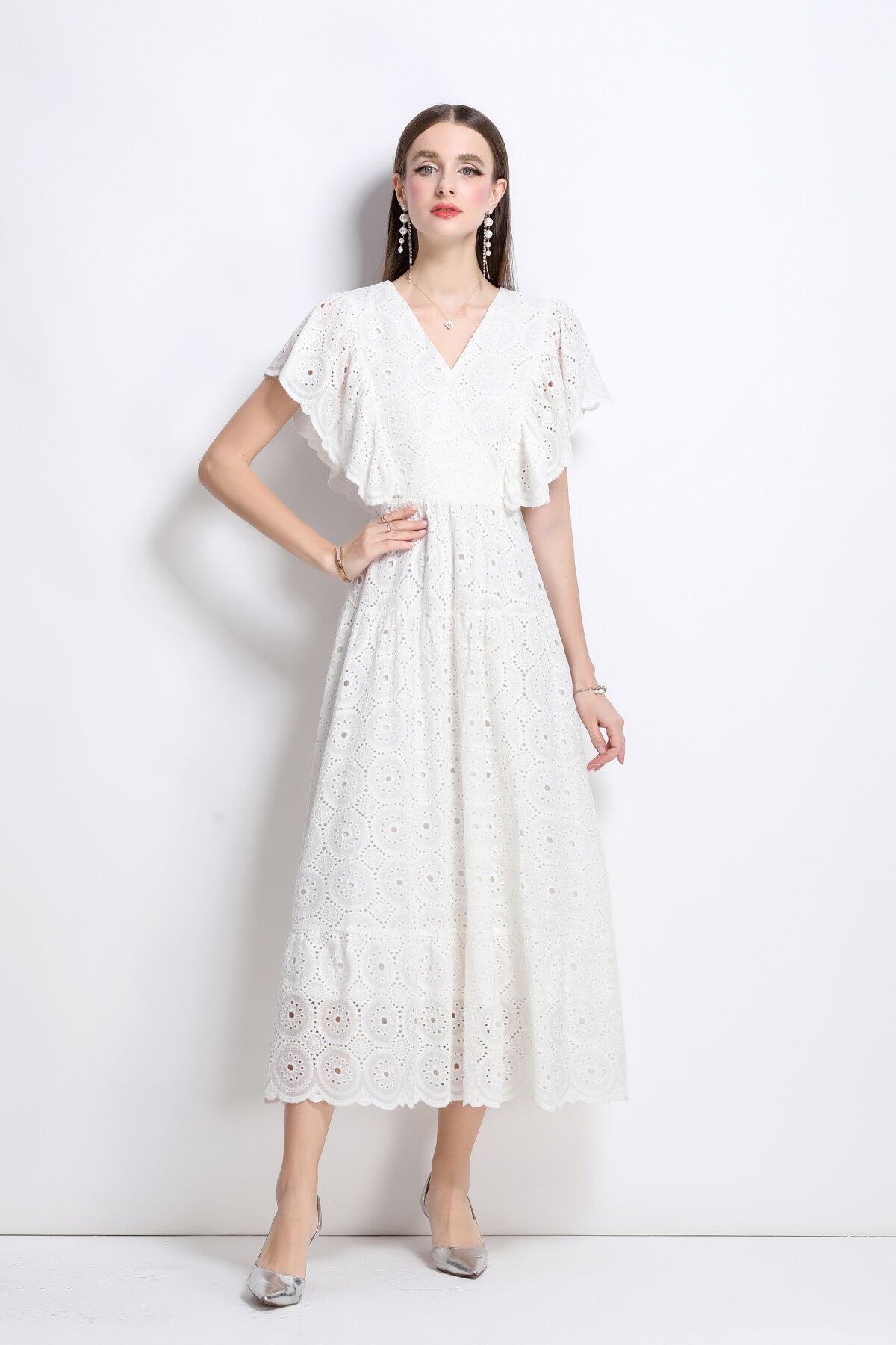samantha lace cut out ruffle sleeve maxi dress all white 3