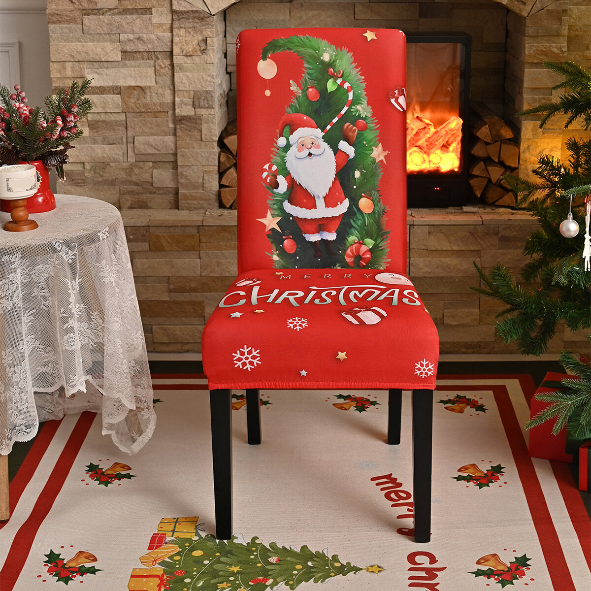 Santa & Christmas Tree Chair Cover – Stretch Dining Chair Slipcover