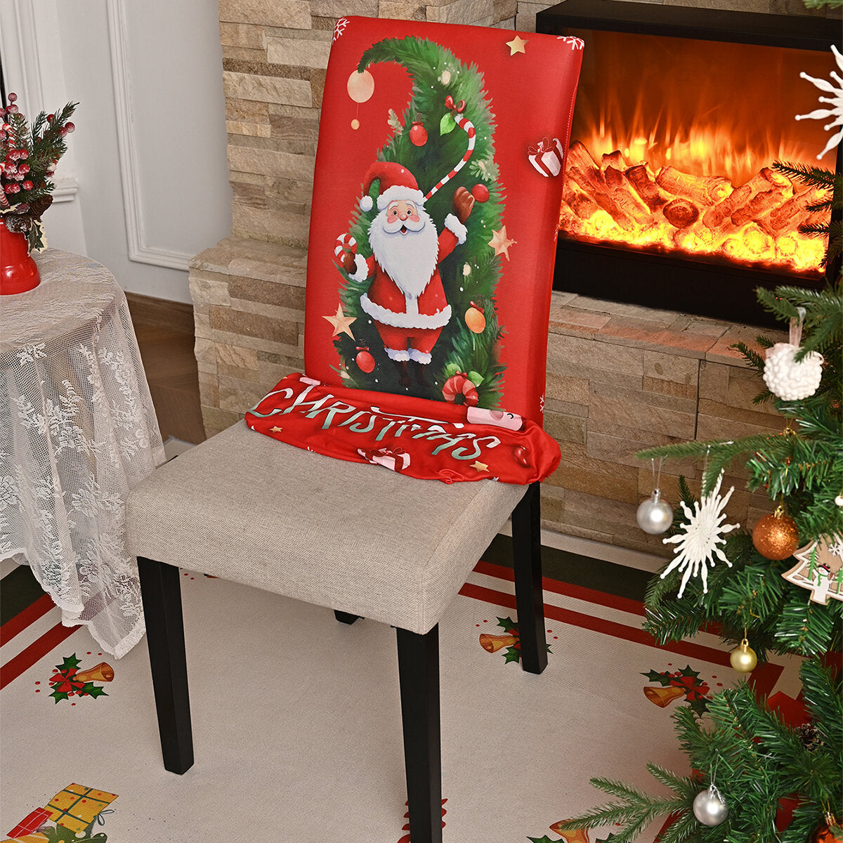 Santa & Christmas Tree Chair Cover – Stretch Dining Chair Slipcover