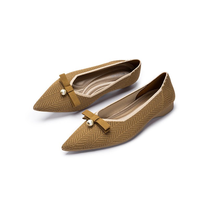 Sarah Casual Pearl Bow Commuter Flats – Pointed Toe Knit Ballet Flats